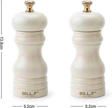 Набір для солі та перцю Bill.F, 2 шт., дерев'яні, ручні, з регульованим керамічним жорном, 13,5 см (чорний та кремовий)