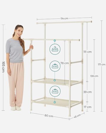 SONGMICS Дзеркало-вішалка для одягу металева, біла, 2 перекладини, 2 полиці, до 70 кг, проста збірка RDR02WT