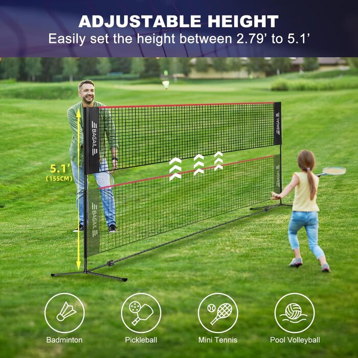 BAGAIL Adjustable Badminton Net Set - Portable Badminton, Tennis & Volleyball Net with Stand & Carry Bag (4.2M, Red/Black)