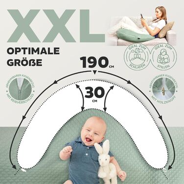 Ортопедична подушка для вагітних та годуючих Sei Design XXL з муслінової обтяжки, ергономічна, для сну на боці, комфортна для дорослих, 100% органічна бавовна (вафельна тканина м'ятного кольору, наволочка 190x30)