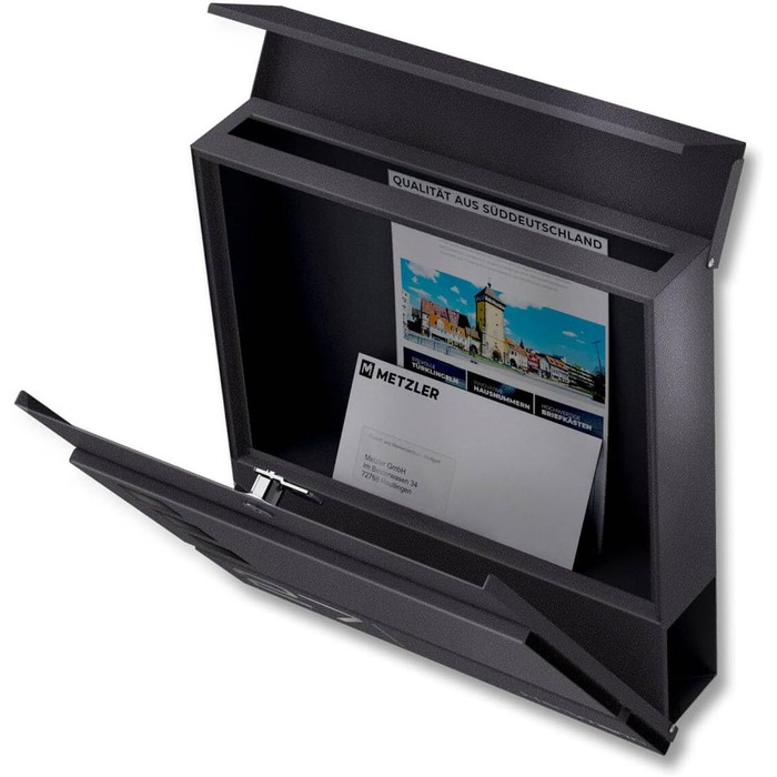 Поштова скринька Metzler Cube Anthrazit RAL 7016 з лазерним гравіюванням адреси та номера будинку, з газетницею та вікном - 37x37x10.5 см (Db703 Eisenglimmer)