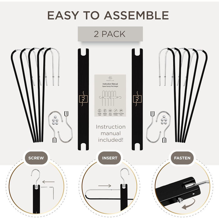 Дві дерев'яні вішалки для одягу MORALVE, економія місця, для шафи - вішалки для джинсів, шарфів, чорного кольору (2 шт.)