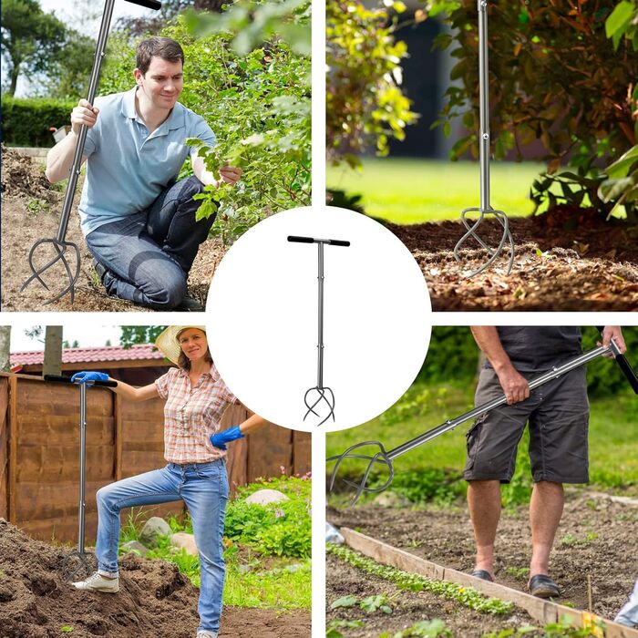 Walensee Garden Claw with 4 Tines Cultivator, Earth Claw and Handle. Gardenclaw Twist Tiller, Aerator and Weed Remover all in one device. Height adjustable garden cultivator for raised garden beds.
