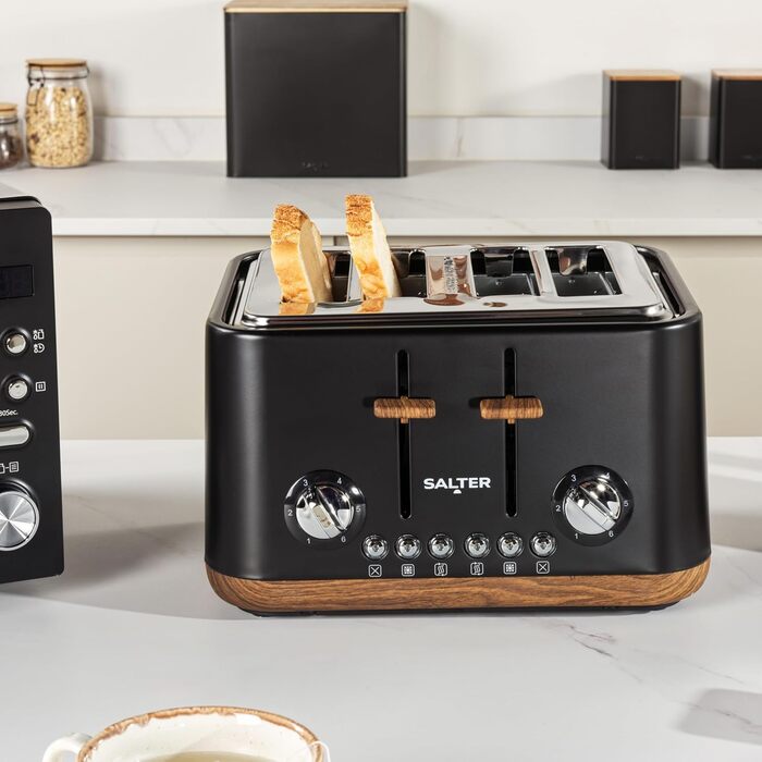 Тостер Salter Toronto 1.7L, 3kW, 360° обертання, фільтр від накипу, дерев'яний дизайн, бездротовий, захист від сухого кипіння, автовимкнення, контролер Otter, чорний