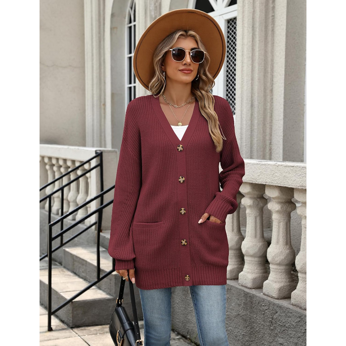 Жіноча в'язана жилетка Zeagoo з довгим рукавом, кардиган з ґудзиками, вільний V-подібний виріз, груба в'язка, повсякденна куртка для осені та зими (Бордовий, L)