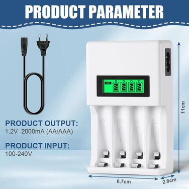 Зарядний пристрій для акумуляторів AXFEE: універсальна зарядка 2000mAh з LCD-дисплеєм, 4 слоти для AA/AAA акумуляторів