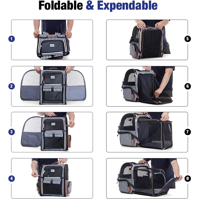 Рюкзак для кота Lekebobor, розширюваний, переноска для тварин, для маленьких собак та середніх котів до 8 кг, складний, для подорожей та походів, блакитний в смужку, 12.6'L x 11.2'W x 16.5'H - L