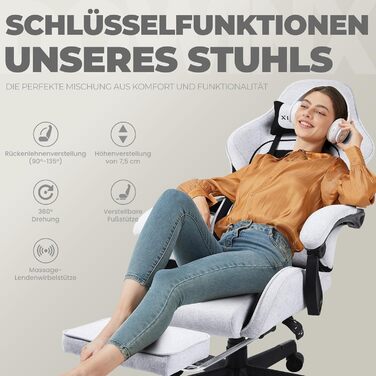 Ігровий крісло Dowinx з підголівником та підставкою для ніг, тканинне, з масажем, чорно-сірий, ергономічне, для офісу та геймінгу