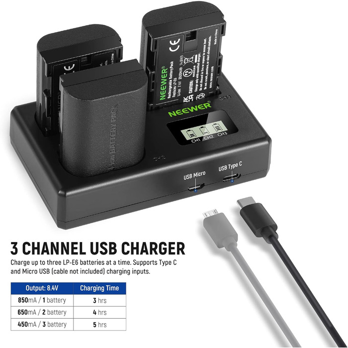 NEEWER Запасний акумулятор LP-E6 та зарядний пристрій, 3 шт., 2000mAh, сумісний з Canon EOS 5D Mark II/III/IV, 5D SR, 60D, 60Da, 6D, 70D, 7D