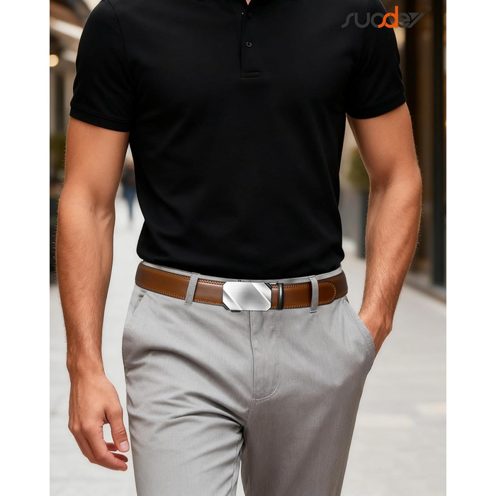 Чоловічий шкіряний ремінь SUOSDEY на автоматичній застібці, 35 мм, без отворів, регульований, для джинсів та бізнес-кежуал, 87-105 см (A-brown)