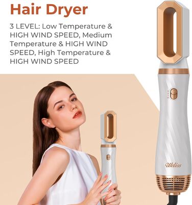 Набір мультистайлера UKLISS 6-в-1: фен, плойка, браш, термощітка, іонний фен (Золотий)