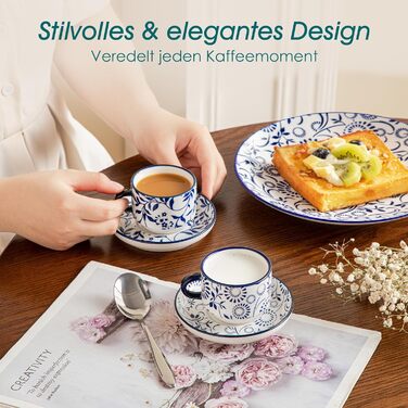 Набір чашок для еспресо Vancasso SELENE з блюдцем та підставкою, 4 шт, 90 мл, блакитно-білий, кераміка