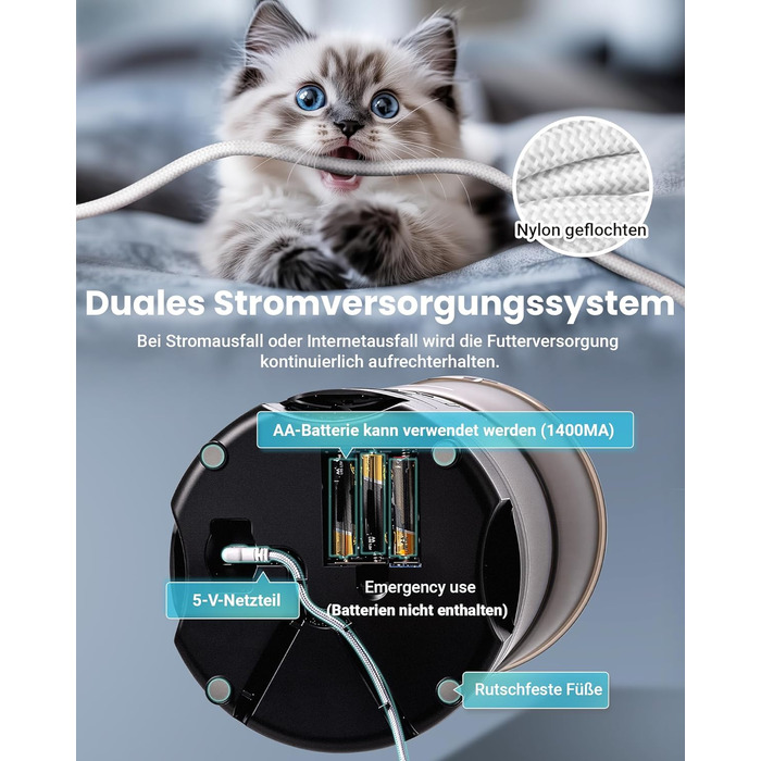 Автомат годівлі для котів з APP та таймером, 6 л / 25 порцій, 3 миски, 3 пакетики силікагелю, система запобігання застряганню, WiFi 2.4G, запис голосу, чорний