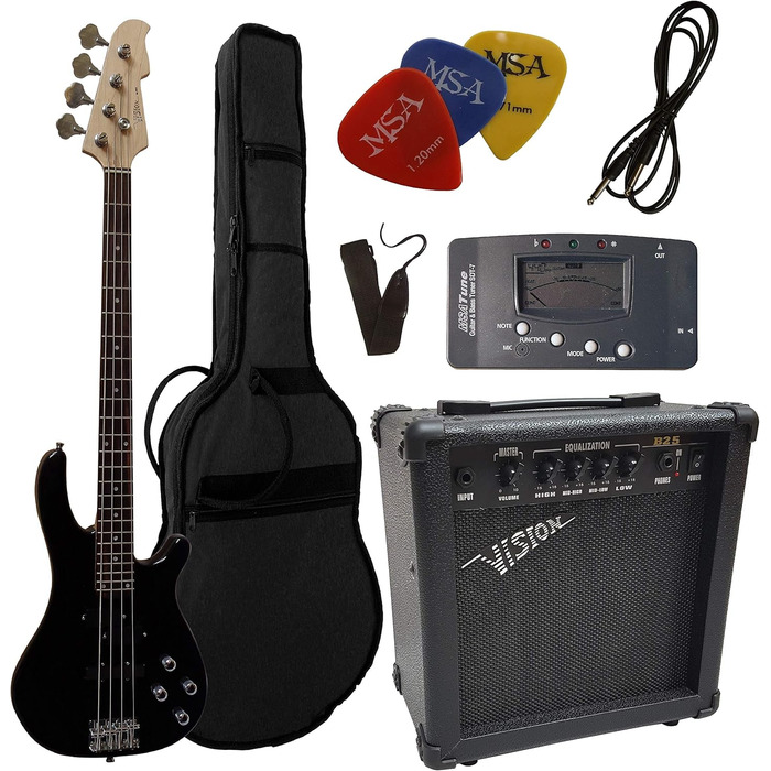 Електробас VISION SOUND Gitarrе JB8BK: Комплект з підсилювачем 45W, чохлом, ремінком, тюнером, кабелем та 3 медіаторами. Long Scale