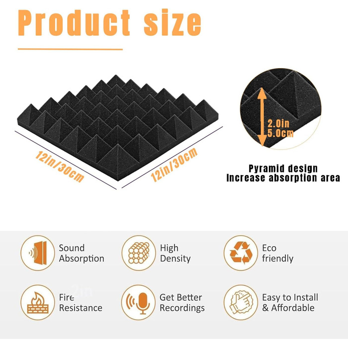 Самоклеючі акустичні панелі з шумопоглинаючого поролону 48 шт, звукоізоляційні пірамідні плити для студії та офісу, чорні, 30x30x2.5см та 30x30x5см