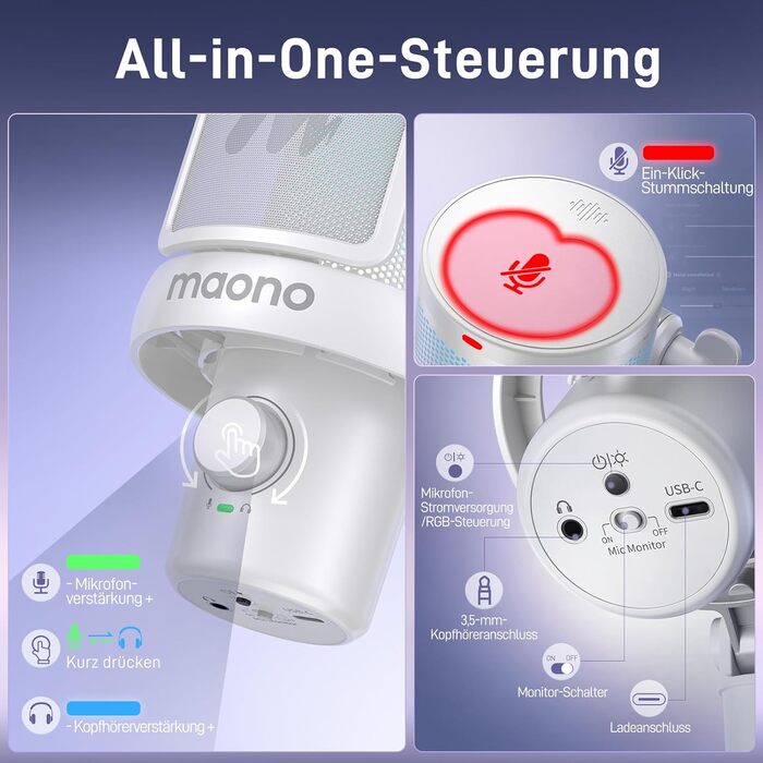 MAONO DM40 Бездротовий мікрофон для ПК з RGB підсвічуванням та ШІ-зміною голосу, 3-рівнева шумозаглушення, для геймінгу, подкастингу та стрімінгу