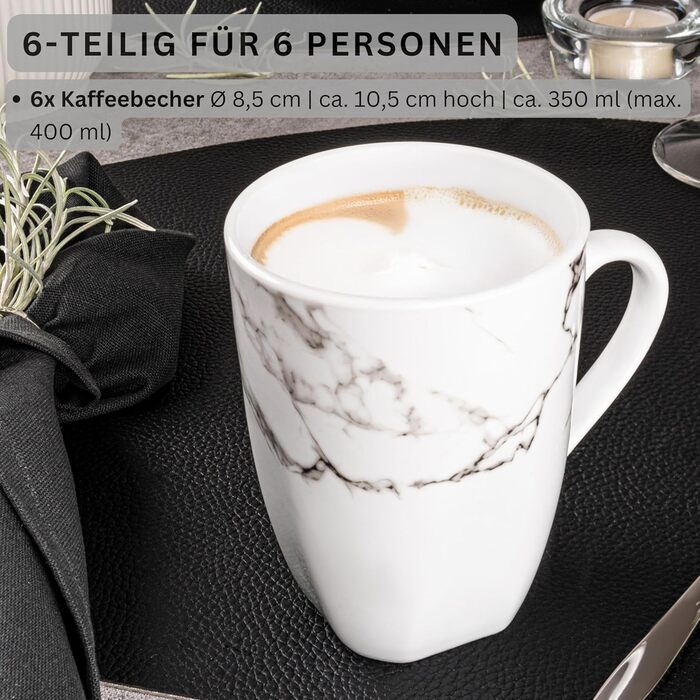 Singer | Bilgola Marble 6-Piece Coffee Cup Set, Porcelain Coffee Cups for 6 People, Dishwasher-Safe Coffee Cups & Mugs Set for Coffee & Tea, 350 ml | PREMIUM COLLECTION