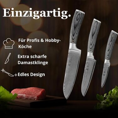 Набір кухонних ножів Wakoli EDIS з 67-шарової дамаської сталі VG10 (Сантоку, мале Сантоку, офісний ніж), руків'я з паккавуду, у дерев'яному боксі