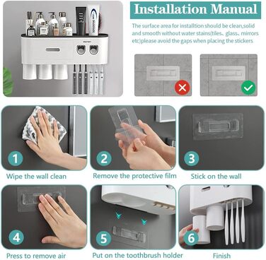 Wall-Mounted Toothbrush Holder with 2 Automatic Toothpaste Dispensers, 6 Toothbrush Slots, 3 Magnetic Cups, 1 Storage Drawer, and Large Storage Shelf