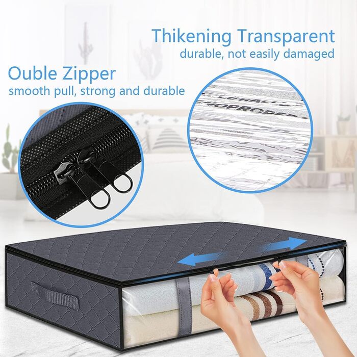 Коробки для зберігання під ліжком (3 шт.) з прозорим вікном та ручками - Складані контейнери для постільних речей, одягу, ковдр 60x45x15 см, темно-сірий