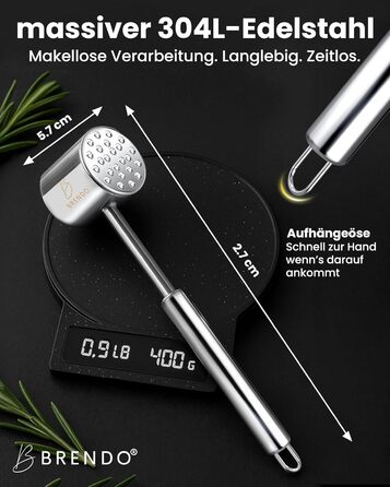 Преміум Fleischklopfer від Brendo: м'ясорубка з масивного нержавіючої сталі, двостороння, з плоскою та зубчастою поверхнею для будь-якого м'яса, + E-Book рецептів, придатна для миття в посудомийній машині, шніцельниця