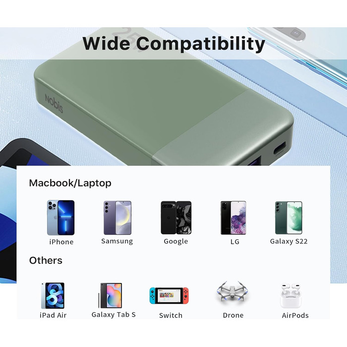 Power Bank Nobis 10000mAh 25W з USB-C кабелем, цифровою індикацією, зелений