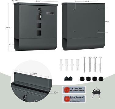 Поштовий ящик WOLTU з газетницею та оглядовим вікном, антрацит, 37x37x10.5 см. Закривається на ключ, з табличкою для імені.