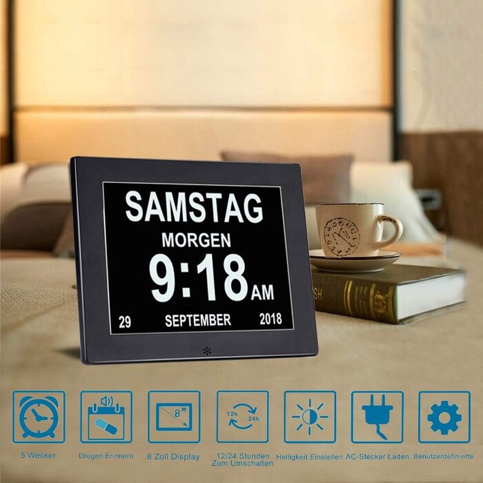 8-Inch Digital Alarm Clock, Digital Calendar Day Clock, Alarm Clock Multiple Modes with Reminder Function for Seniors, Dementia e.g. Alzheimer Patients, Large Font Electronic Calendar Day Clock - Black