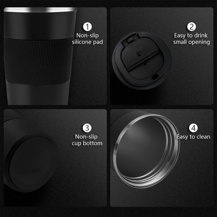 Термокружка для кави з кришкою, 380 мл, з подвійними стінками, з нержавіючої сталі, для гарячих та холодних напоїв, кави, води та чаю (чорна)