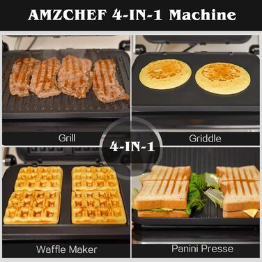 AMZCHEF Контактний гриль 4-в-1: гриль, сковорода, вафельниця, сендвічниця. 4 знімні антипригарні пластини, регулювання часу та температури, LED-дисплей, 2000W, срібний.