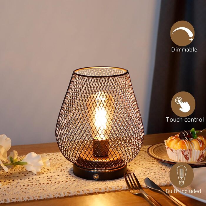 JHY DESIGN: Настільна лампа Gold Schwarz, набір 2 шт., металева, LED, вінтажний стиль, на батарейках, для спальні, вітальні, вечірки, дому та вулиці