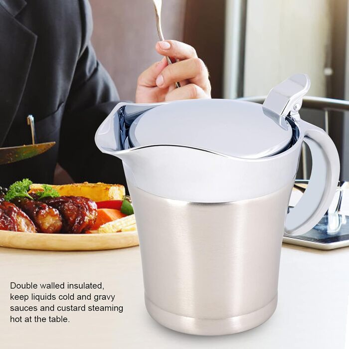 Saucepan with Lid, Sauce Serving Pitcher, Double-Insulated Saucepan Made of 304 Stainless Steel for Coffee, Cream, Salad Dressing, Pudding, Milk (Small 450ml)