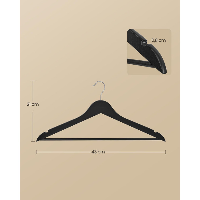 Плечики SONGMICS для одягу з дерева, набір 20 шт., тонкі, для сорочок та курток, з вирізами для плечей, поворотний гачок 360°, з натурального дерева берези, білий, CRW0W02