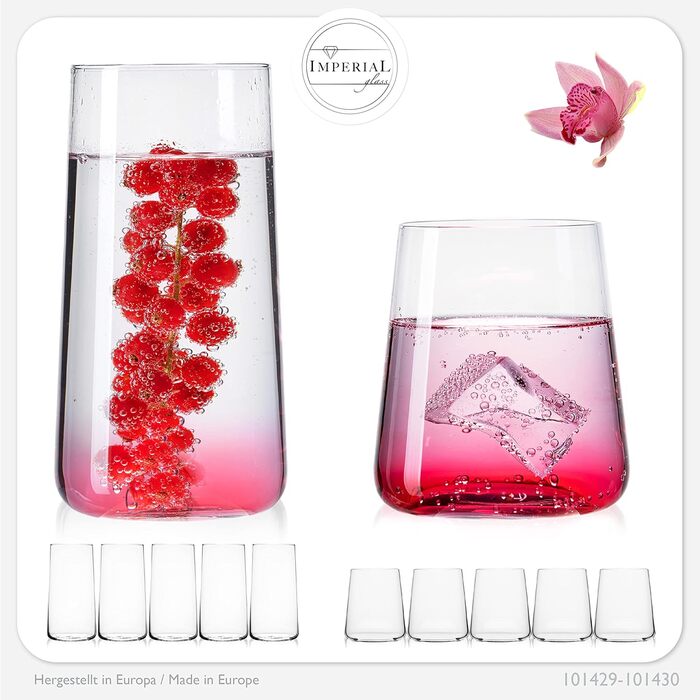 IMPERIAL Glass Drinking Glasses Set - 450ml & 550ml, 12-Piece - Water Glasses, Juice Glasses, Highball Glasses, Cocktail Glasses