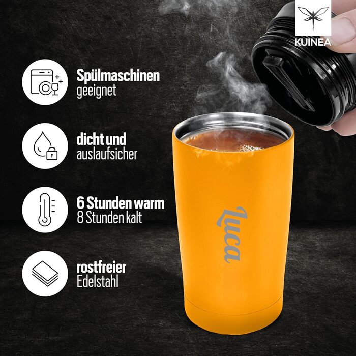 Термокружка KUINEA для кави та чаю, 350 мл, нержавіюча сталь, з герметичним клапаном, 6 годин тепла, без BPA, зелений (з можливістю гравіювання імені)