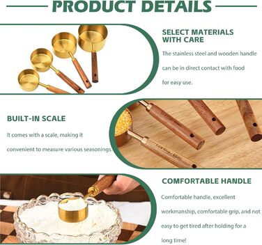 Набір мірних стаканів та ложок з нержавіючої сталі золотого кольору з дерев'яною ручкою, 8 шт. - для вимірювання сухих та рідких інгредієнтів (60мл - 250мл), для кухні та випічки