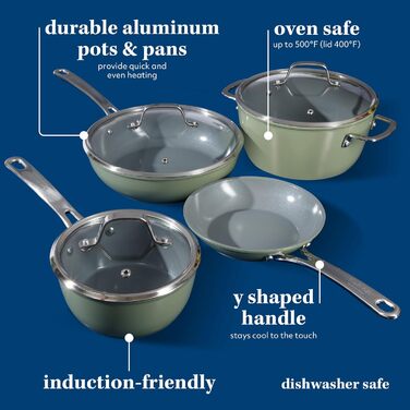 Набір посуду Sur La Table Kitchen Essentials 10 предметів: каструлі та сковороди з титано-керамічним антипригарним покриттям, індукція, зелений колір, без PFA