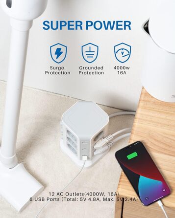Стедова колонка KOOSLA з 12 розетками, захистом від перенапруги (4000W/16A) та 6 USB, 5м, білий - для офісу, кухні, столу
