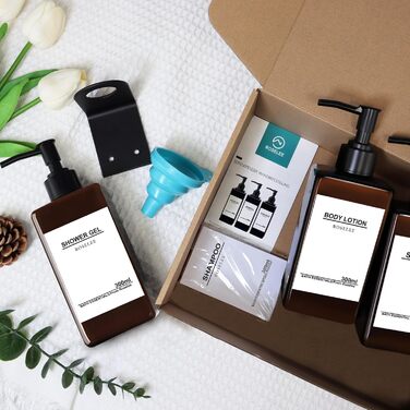 Набір з 3 дозатори мила Roselee для кріплення на стіну, 500 мл, без свердління, для душу, шампуню, гелю для ванни, з етикеткою, для ванної кімнати, кухні (Колір: Коричневий)