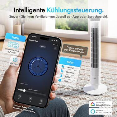 VonHaus Турмовентилятор 102 см, Електричний вентилятор зі WiFi, Управління Alexa/Google Home, Пульт, Таймер 12 год, Обертання 70°, для дому та офісу, Білий