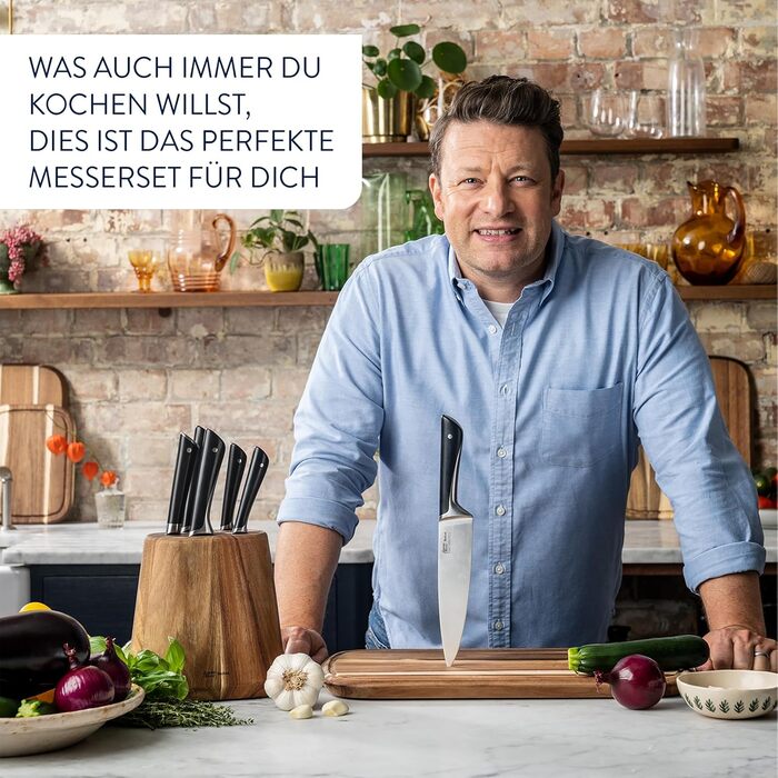 Набір ножів кухонних Jamie Oliver by Tefal (5 предметів) + блок: шеф-ніж, сантоку, для хліба, універсальний, овочечистка. Німецька сталь, акація, коричневий K267S556