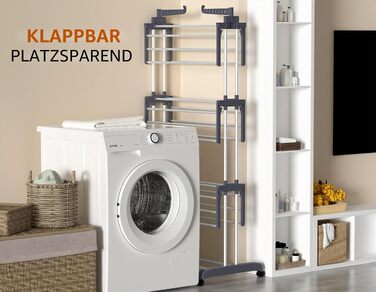 Сушарка для білизни HOMIDEC, велика розкладна сушарка з нержавіючої сталі на 4 ярусах (172 см), мобільна сушарка на колесах з 24 прутами та 14 гачками для одягу та постільної білизни, сіра