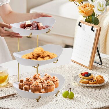 Стійка для фруктів та овочів JurciCat з 3 ярусами, золотий металевий каркас, білі пластикові миски