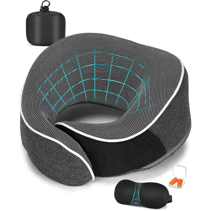 Подушка для шиї в літак, доросла, з піною з пам'яті, регульована та компактна, для автомобіля з навушниками, маскою для сну, чохлом