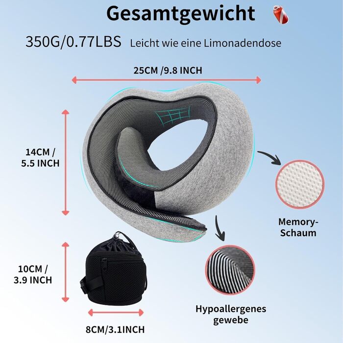 Подушка для шиї Dreamjoys Neppy для подорожей: літак, автомобіль, поїзд. Memory Foam, сіра