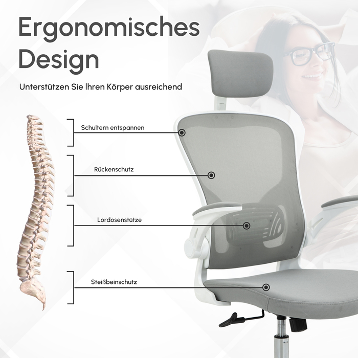 Vinsetto Office Chair Ergonomic Desk Chair with Headrest and Tilt Function, Height Adjustable in Grey, 65 x 64 x 114-122 cm