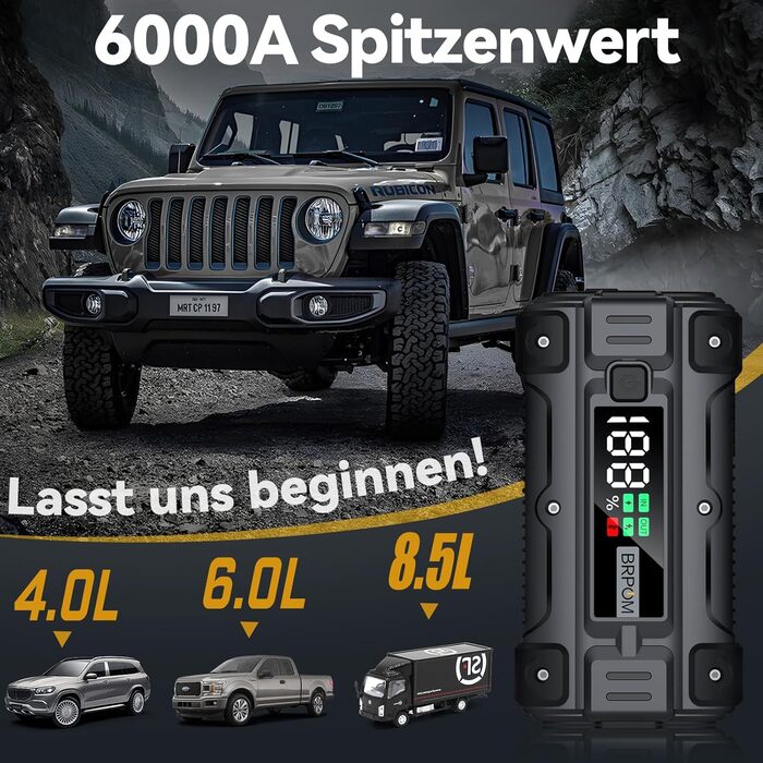Powerbank для пуску двигуна BRPOM 6000A 12V: для авто, мото, газонокосарок. LED-ліхтар, великий екран, бустер для акумулятора