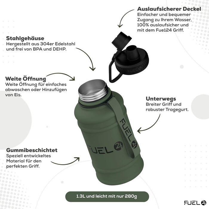Extra Stark Stainless Steel Metal Water Bottle 1.3L & 2.2L - Leak-Proof & BPA-Free Stainless Steel Water Bottle - Robust Water Bottle Gym, Sports Stainless Steel Water Jug for Adults (1300 ml, Green)