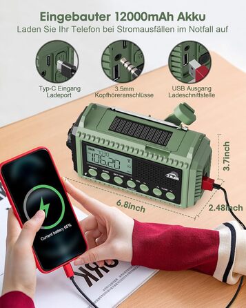 Радіоприймач Kurbelradio на 12000 mAh з ручним заводом, сонячною панеллю та SOS-сигналом. AM/FM/SW радіоприймач з USB-зарядкою, ліхтарик та світло для читання. Ідеально для кемпінгу, надзвичайних ситуацій та відключень електроенергії. Зелений колір.