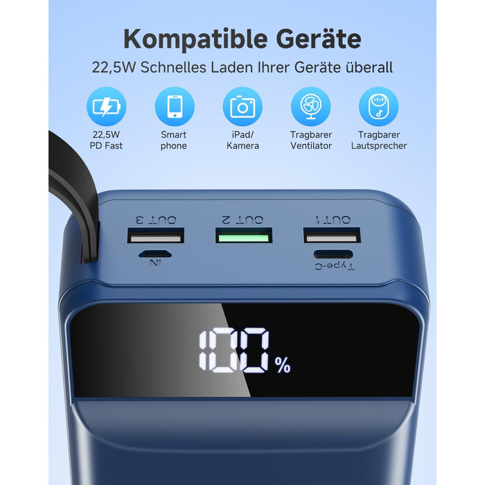 Power Bank 60000mAh 22,5W USB-C: Зовнішній акумулятор для смартфонів, планшетів, блакитний
